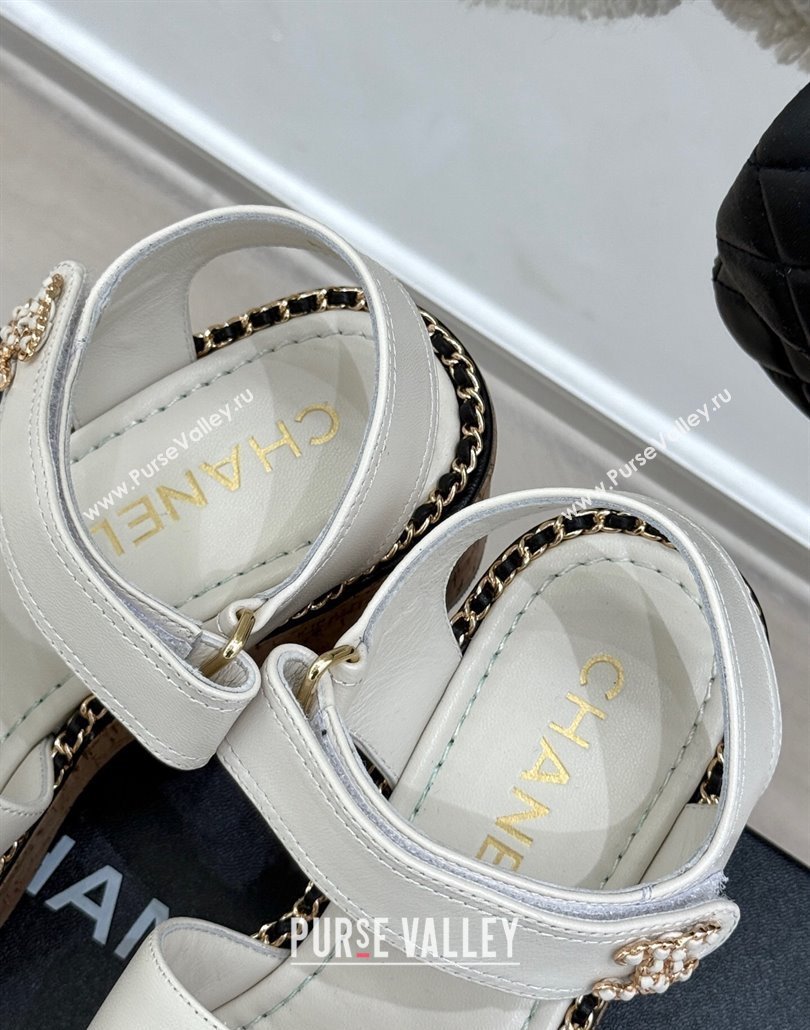 Chanel Calfskin Wedge Sandals with Chain CC White 2025 CH030403 (MD-250304077)