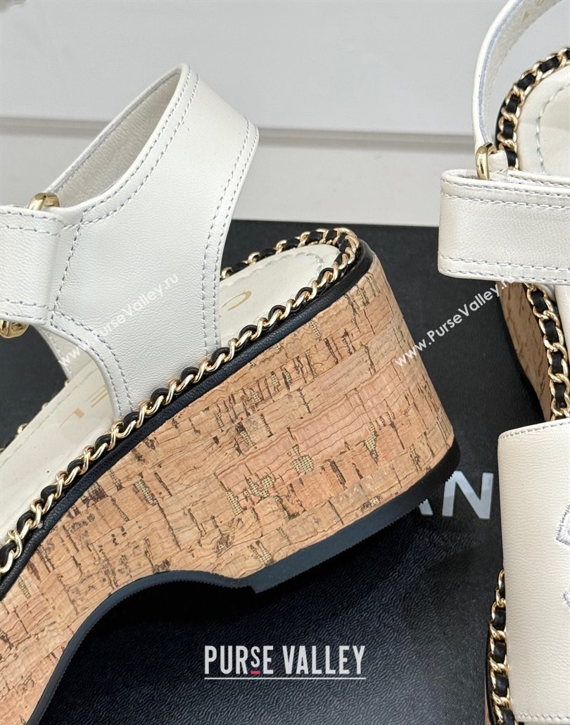Chanel Calfskin Wedge Sandals with Chain CC White 2025 CH030403 (MD-250304077)