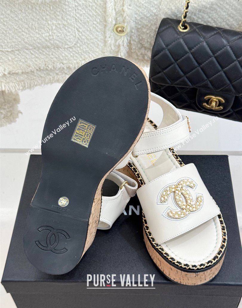 Chanel Calfskin Wedge Sandals with Chain CC White 2025 CH030403 (MD-250304077)