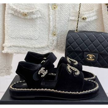 Chanel Velvet Flat Sandals with Chain CC Black 2025 CH030403 (MD-250304080)