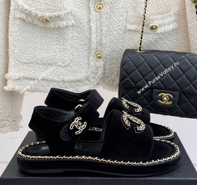 Chanel Velvet Flat Sandals with Chain CC Black 2025 CH030403 (MD-250304080)