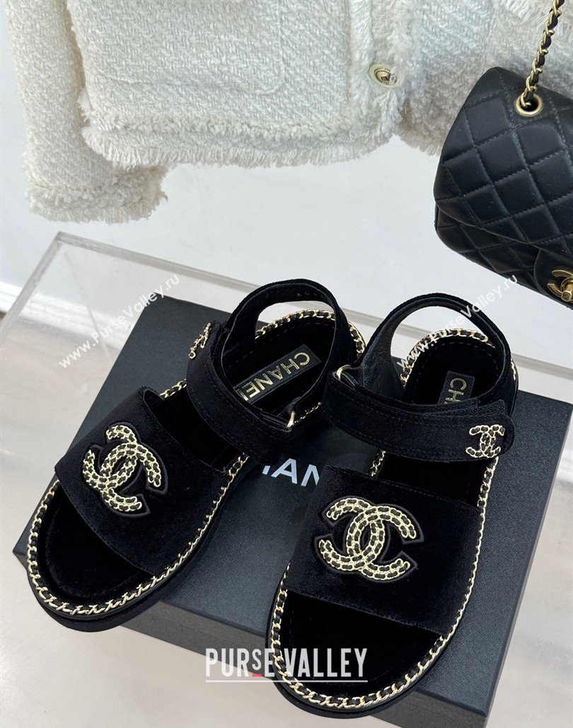 Chanel Velvet Flat Sandals with Chain CC Black 2025 CH030403 (MD-250304080)