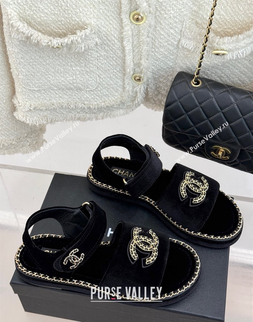 Chanel Velvet Flat Sandals with Chain CC Black 2025 CH030403 (MD-250304080)