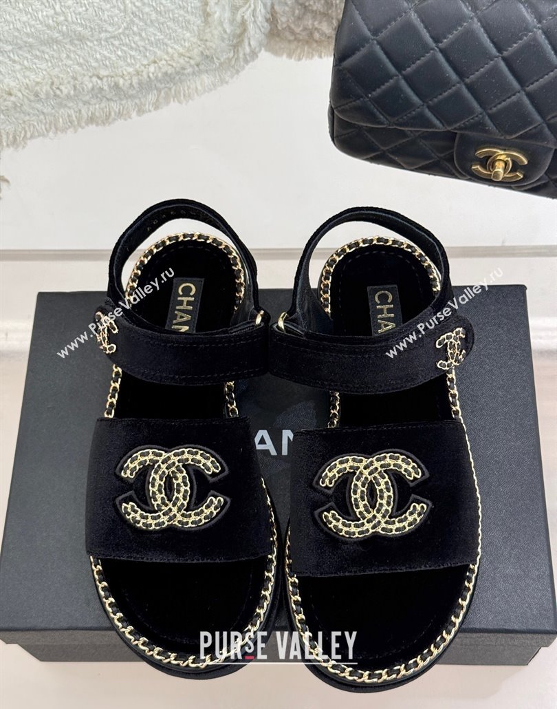 Chanel Velvet Flat Sandals with Chain CC Black 2025 CH030403 (MD-250304080)
