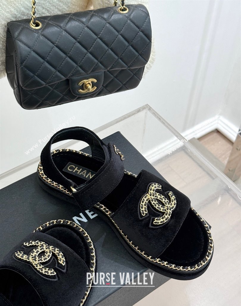 Chanel Velvet Flat Sandals with Chain CC Black 2025 CH030403 (MD-250304080)