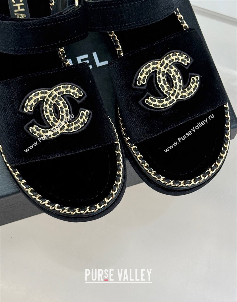 Chanel Velvet Flat Sandals with Chain CC Black 2025 CH030403 (MD-250304080)