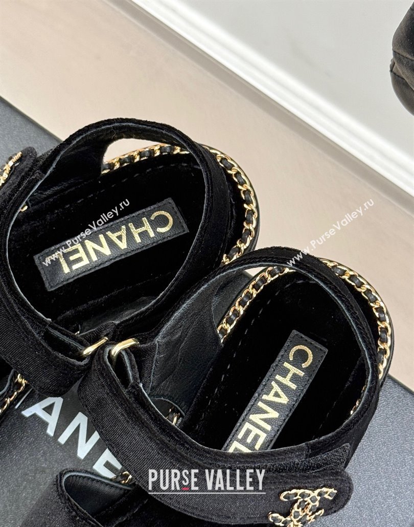 Chanel Velvet Flat Sandals with Chain CC Black 2025 CH030403 (MD-250304080)
