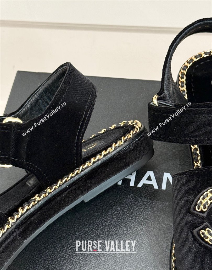 Chanel Velvet Flat Sandals with Chain CC Black 2025 CH030403 (MD-250304080)
