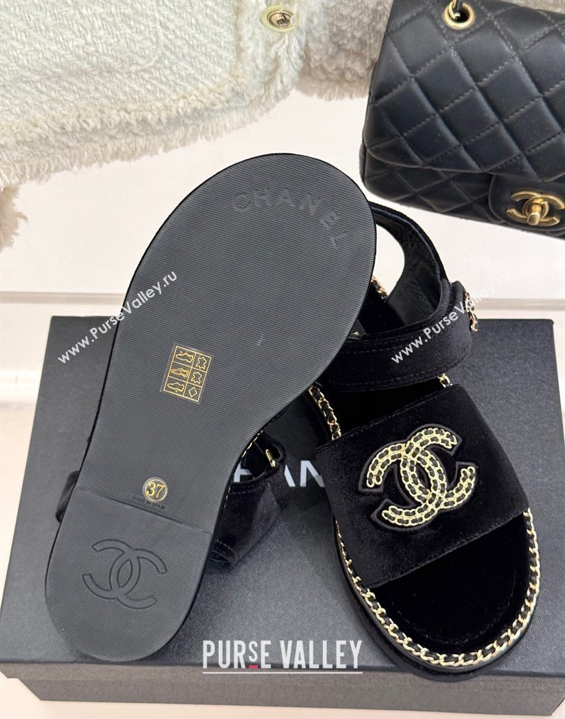 Chanel Velvet Flat Sandals with Chain CC Black 2025 CH030403 (MD-250304080)