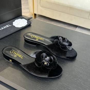 Chanel Velvet Flat Slides Sandal with Camellia Bloom Black 2025 G45928 (MD-250303079)