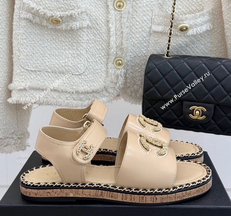 Chanel Calfskin Flat Sandals with Chain CC Beige 2025 CH030403 (MD-250304082)