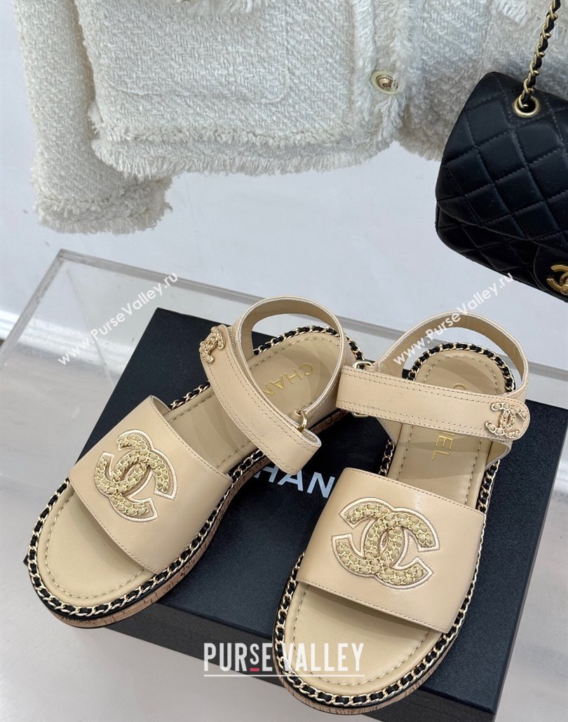 Chanel Calfskin Flat Sandals with Chain CC Beige 2025 CH030403 (MD-250304082)
