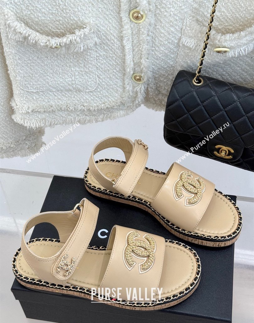 Chanel Calfskin Flat Sandals with Chain CC Beige 2025 CH030403 (MD-250304082)