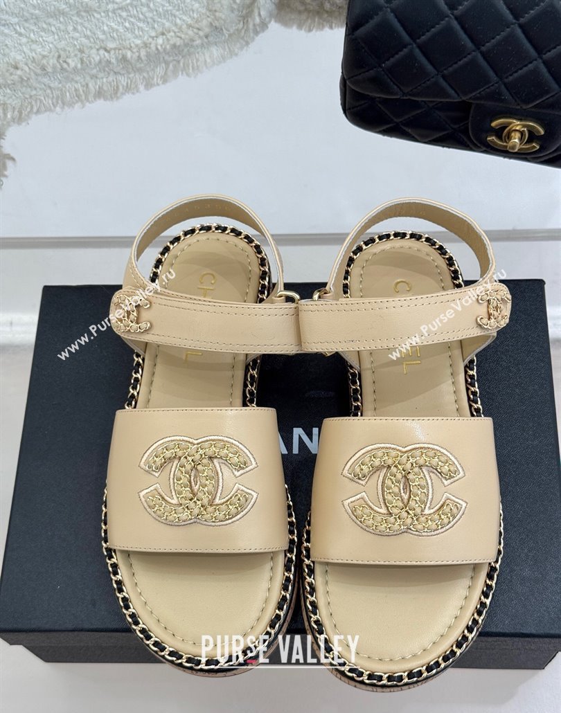Chanel Calfskin Flat Sandals with Chain CC Beige 2025 CH030403 (MD-250304082)