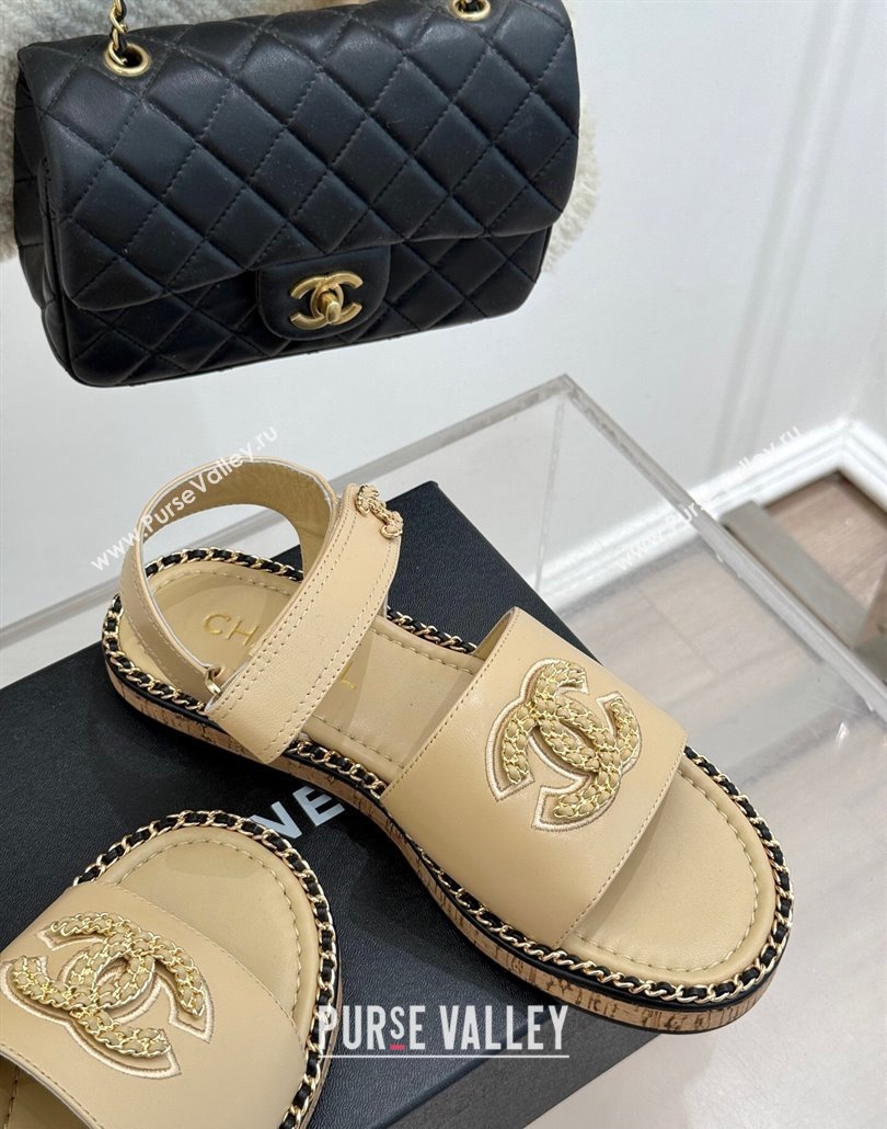Chanel Calfskin Flat Sandals with Chain CC Beige 2025 CH030403 (MD-250304082)