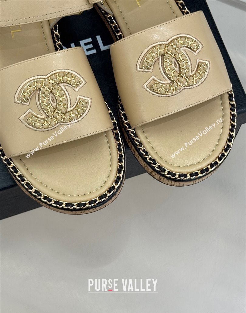Chanel Calfskin Flat Sandals with Chain CC Beige 2025 CH030403 (MD-250304082)