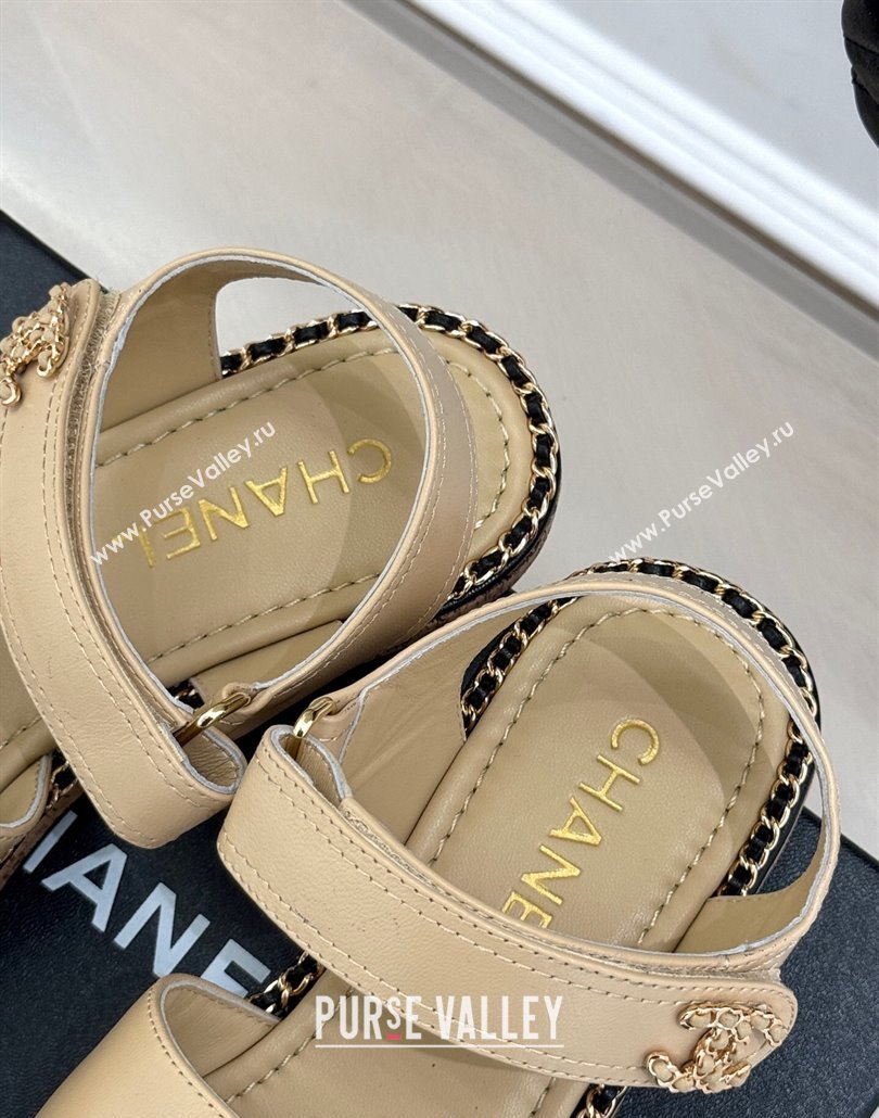Chanel Calfskin Flat Sandals with Chain CC Beige 2025 CH030403 (MD-250304082)