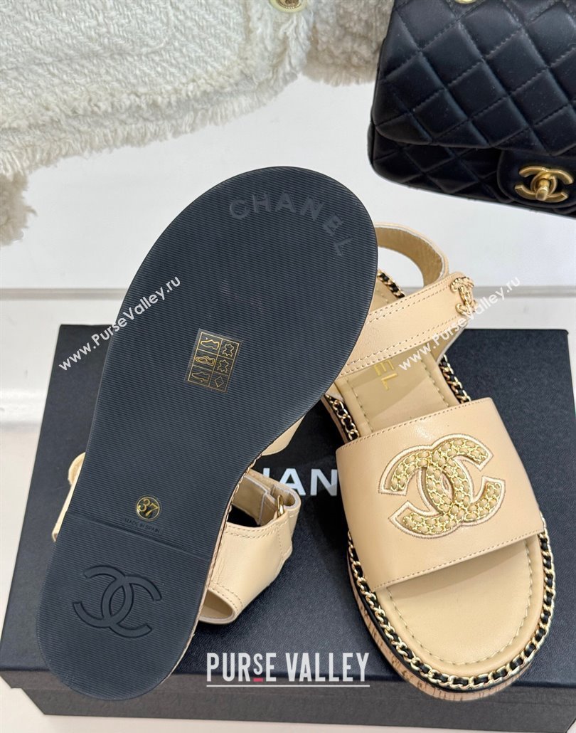 Chanel Calfskin Flat Sandals with Chain CC Beige 2025 CH030403 (MD-250304082)