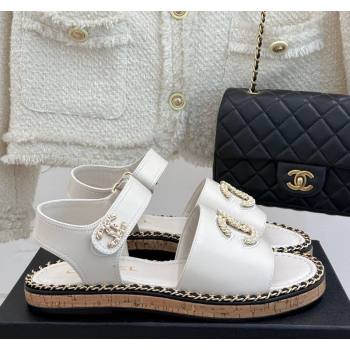 Chanel Calfskin Flat Sandals with Chain CC White 2025 CH030403 (MD-250304084)