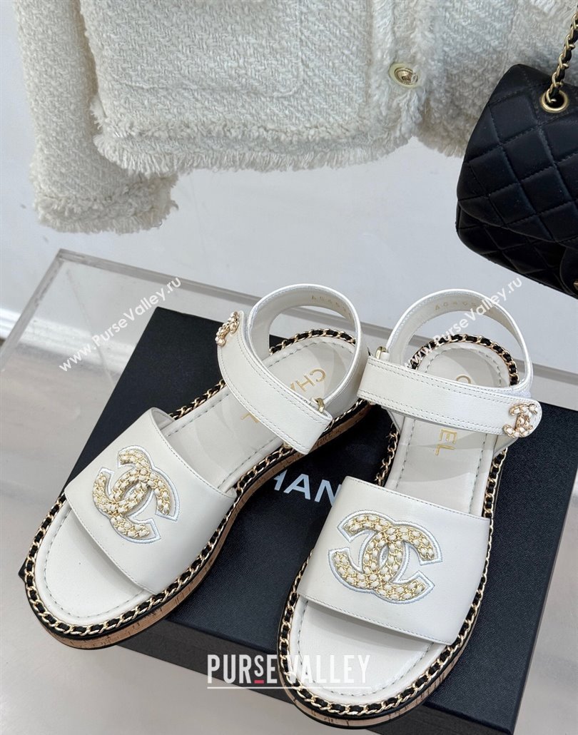 Chanel Calfskin Flat Sandals with Chain CC White 2025 CH030403 (MD-250304084)
