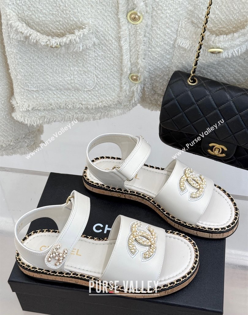 Chanel Calfskin Flat Sandals with Chain CC White 2025 CH030403 (MD-250304084)