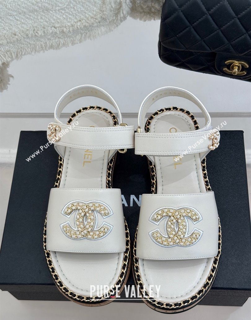 Chanel Calfskin Flat Sandals with Chain CC White 2025 CH030403 (MD-250304084)