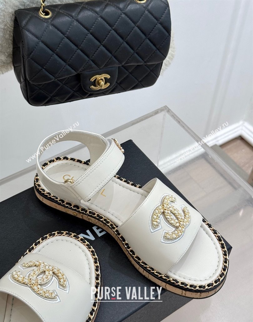 Chanel Calfskin Flat Sandals with Chain CC White 2025 CH030403 (MD-250304084)