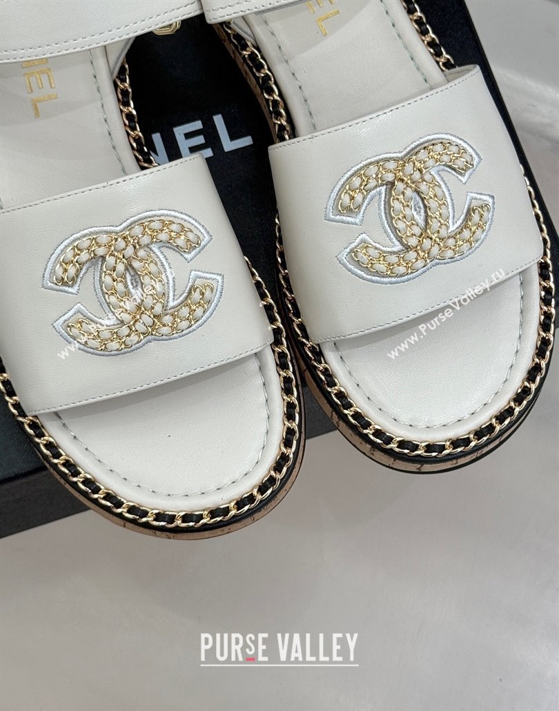 Chanel Calfskin Flat Sandals with Chain CC White 2025 CH030403 (MD-250304084)