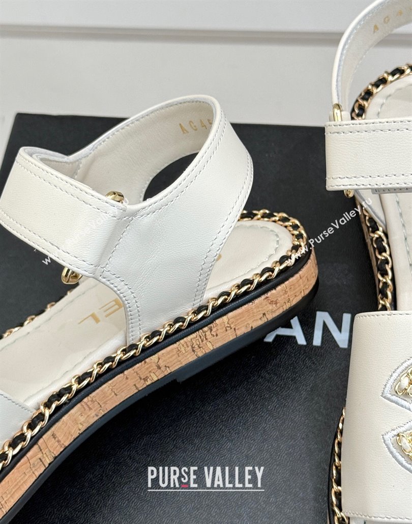 Chanel Calfskin Flat Sandals with Chain CC White 2025 CH030403 (MD-250304084)
