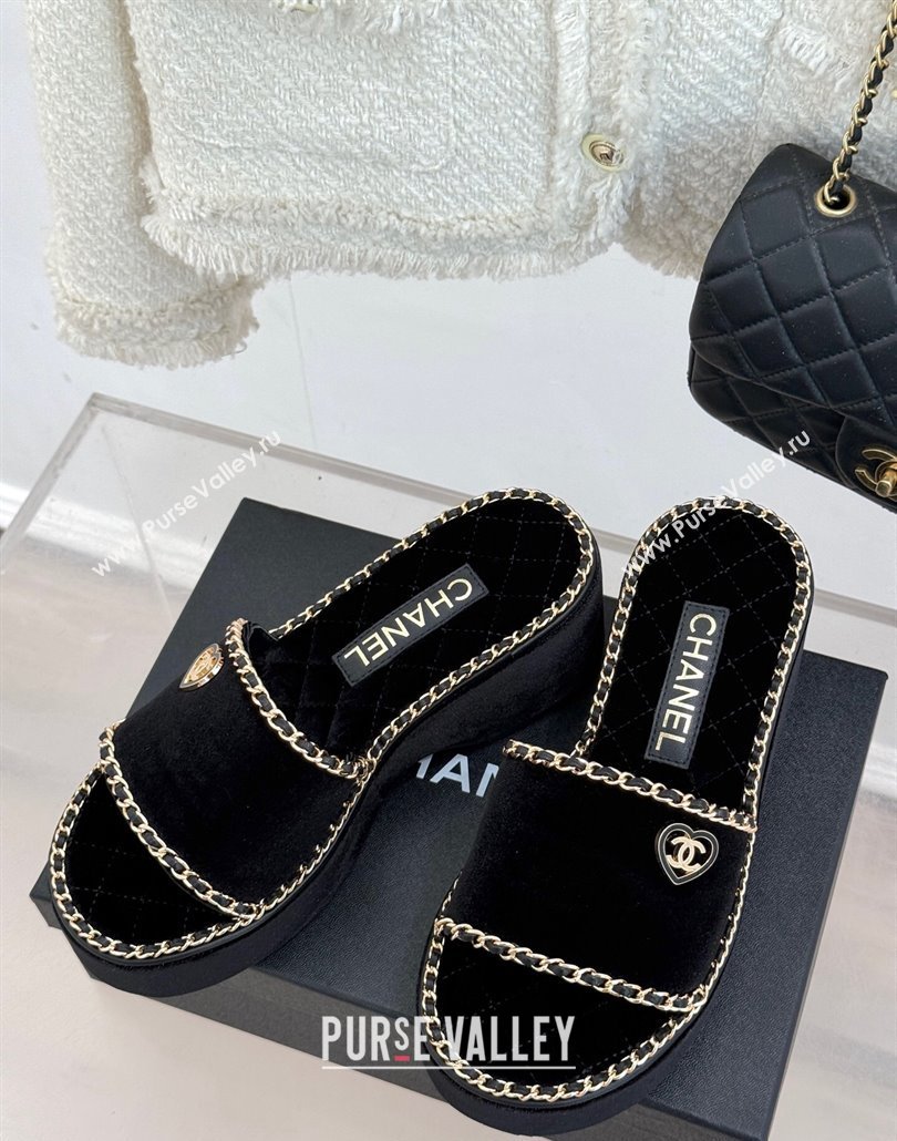 Chanel Velvet Wedge Slides Sandal with Chain and Heart Black 2025 CH030402 (MD-250304013)