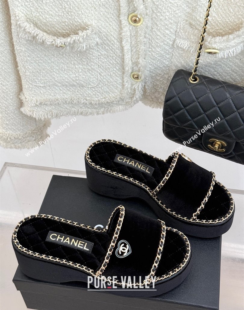 Chanel Velvet Wedge Slides Sandal with Chain and Heart Black 2025 CH030402 (MD-250304013)