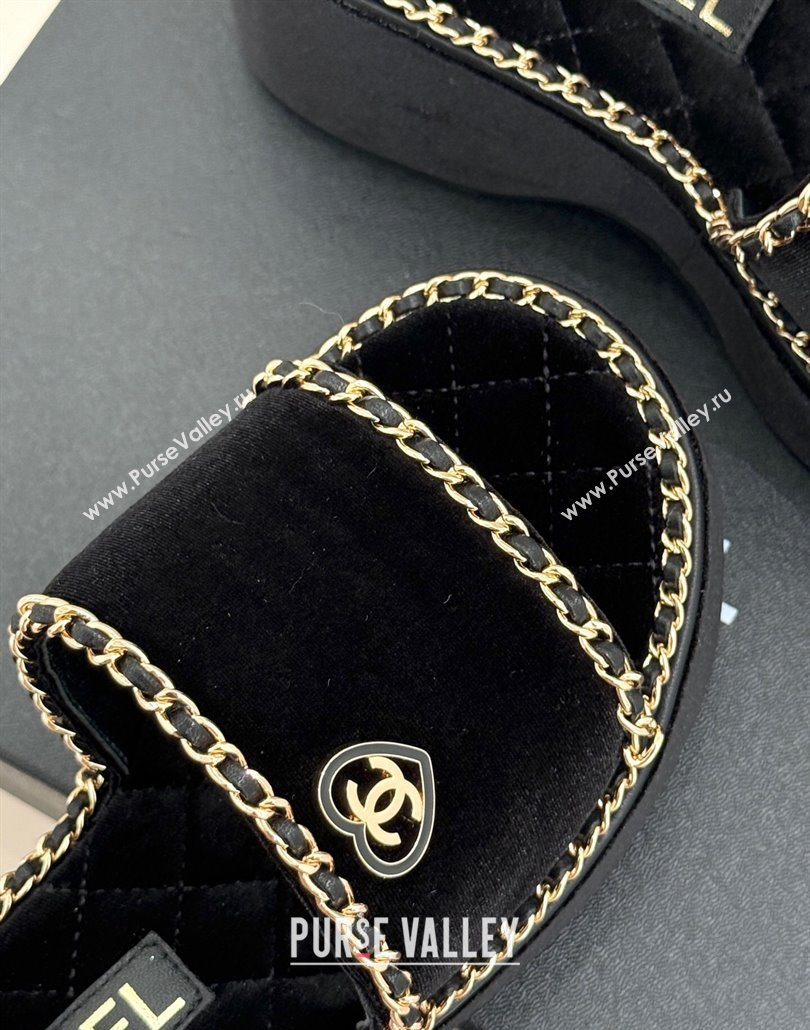 Chanel Velvet Wedge Slides Sandal with Chain and Heart Black 2025 CH030402 (MD-250304013)