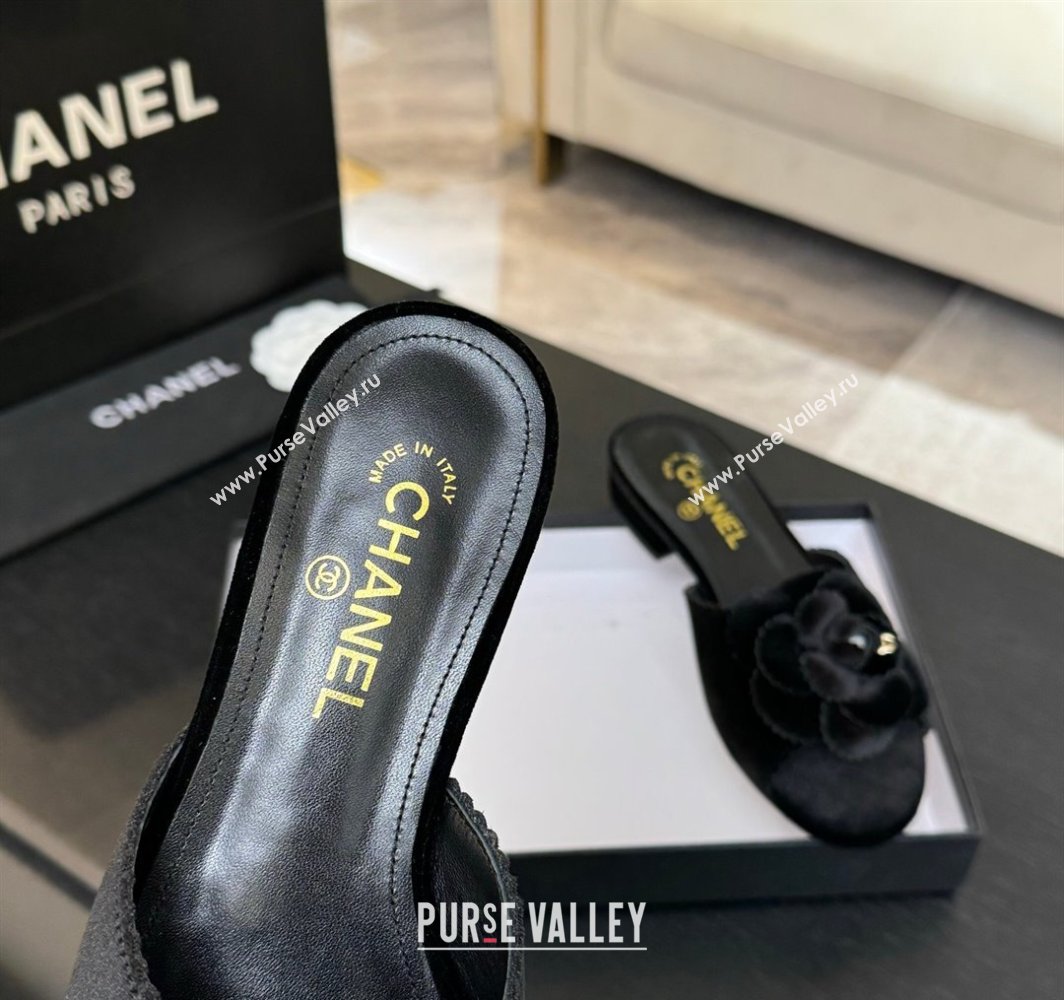 Chanel Velvet Flat Slides Sandal with Camellia Bloom Black 2025 G45928 (MD-250303079)