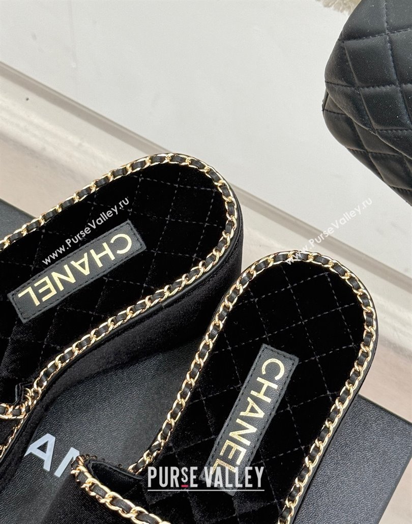 Chanel Velvet Wedge Slides Sandal with Chain and Heart Black 2025 CH030402 (MD-250304013)