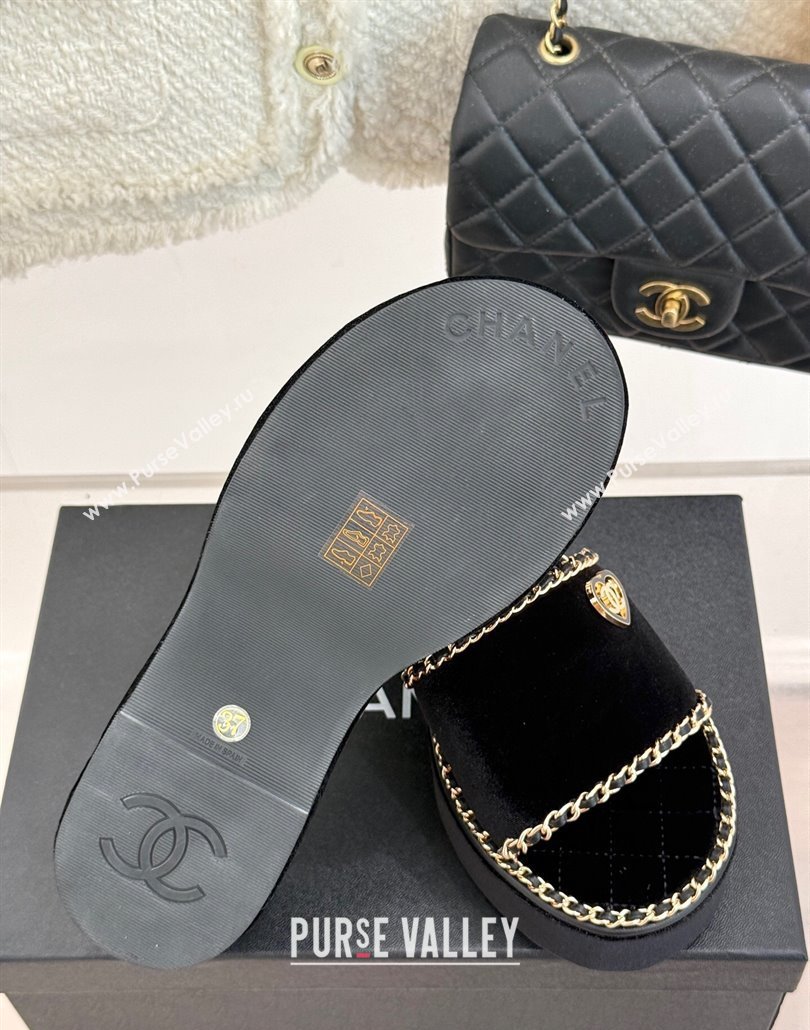 Chanel Velvet Wedge Slides Sandal with Chain and Heart Black 2025 CH030402 (MD-250304013)