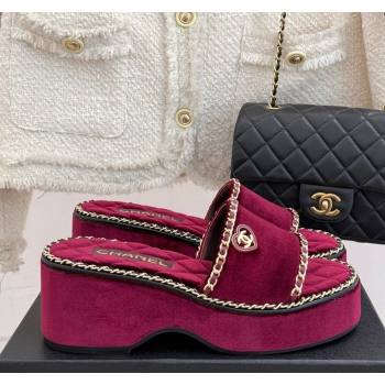 Chanel Velvet Wedge Slides Sandal with Chain and Heart Dark Burgundy 2025 CH030402 (MD-250304014)