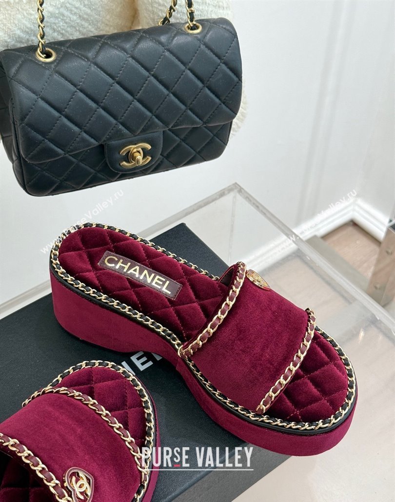 Chanel Velvet Wedge Slides Sandal with Chain and Heart Dark Burgundy 2025 CH030402 (MD-250304014)