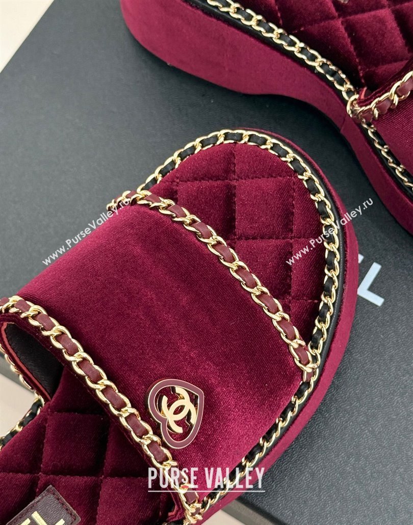 Chanel Velvet Wedge Slides Sandal with Chain and Heart Dark Burgundy 2025 CH030402 (MD-250304014)