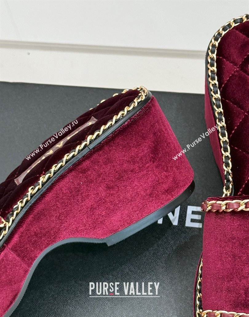 Chanel Velvet Wedge Slides Sandal with Chain and Heart Dark Burgundy 2025 CH030402 (MD-250304014)