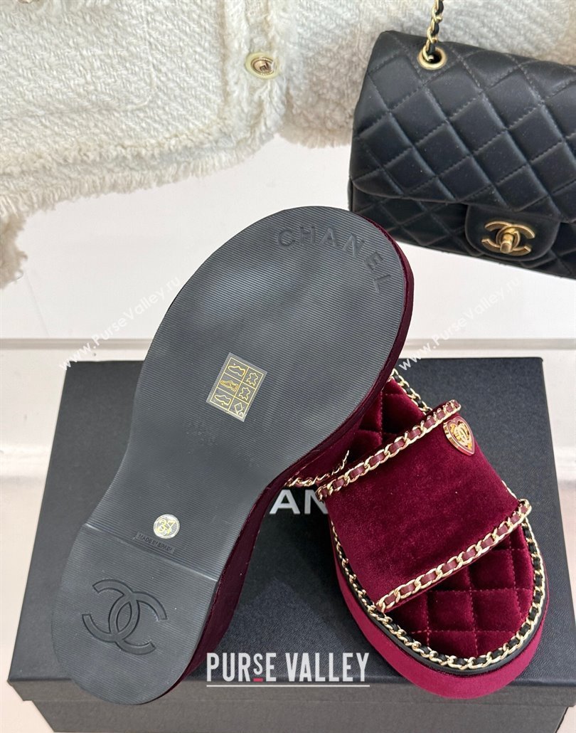 Chanel Velvet Wedge Slides Sandal with Chain and Heart Dark Burgundy 2025 CH030402 (MD-250304014)