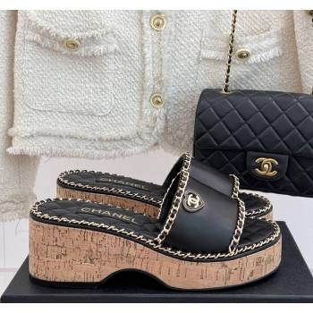 Chanel Calfskin Wedge Slides Sandal with Chain and Heart Black 2025 CH030402 (MD-250304015)