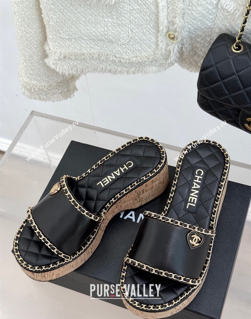 Chanel Calfskin Wedge Slides Sandal with Chain and Heart Black 2025 CH030402 (MD-250304015)