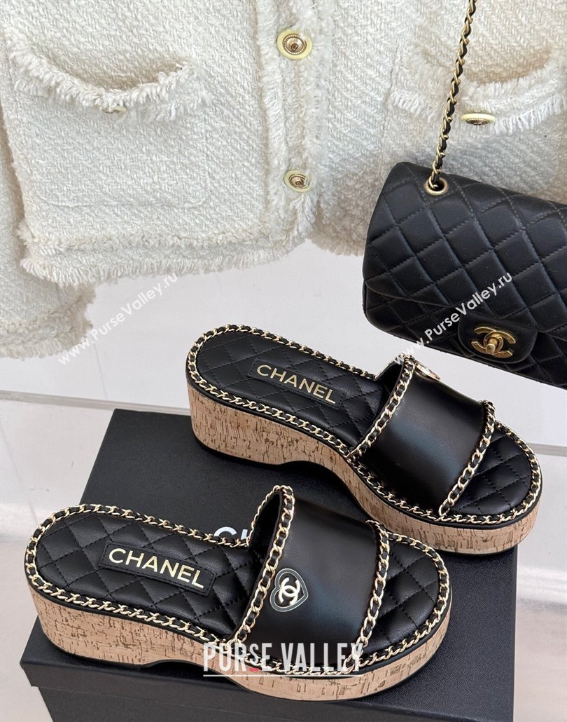 Chanel Calfskin Wedge Slides Sandal with Chain and Heart Black 2025 CH030402 (MD-250304015)