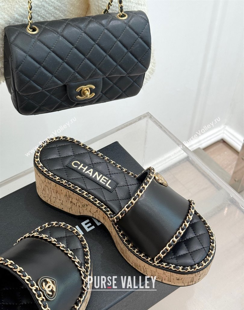 Chanel Calfskin Wedge Slides Sandal with Chain and Heart Black 2025 CH030402 (MD-250304015)
