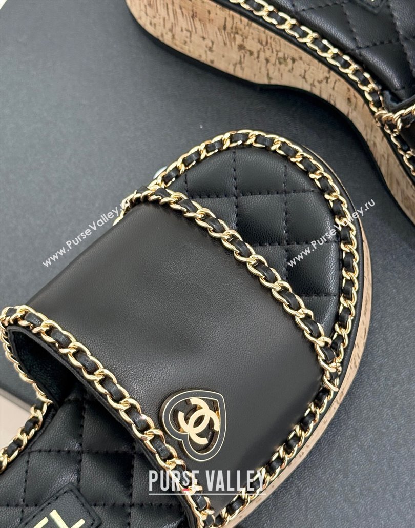 Chanel Calfskin Wedge Slides Sandal with Chain and Heart Black 2025 CH030402 (MD-250304015)