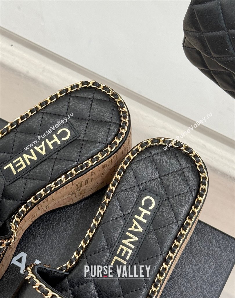 Chanel Calfskin Wedge Slides Sandal with Chain and Heart Black 2025 CH030402 (MD-250304015)