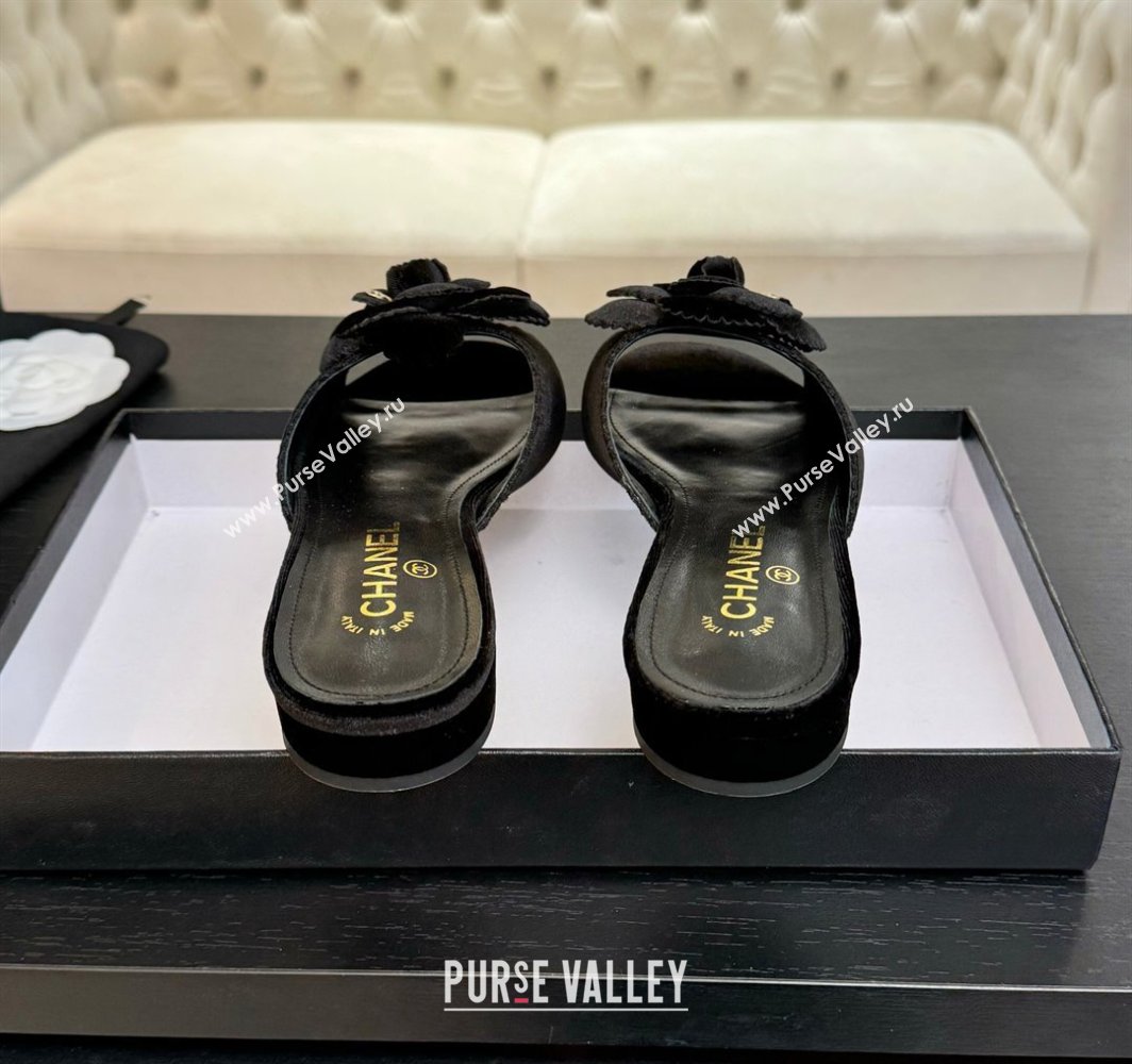 Chanel Velvet Flat Slides Sandal with Camellia Bloom Black 2025 G45928 (MD-250303079)