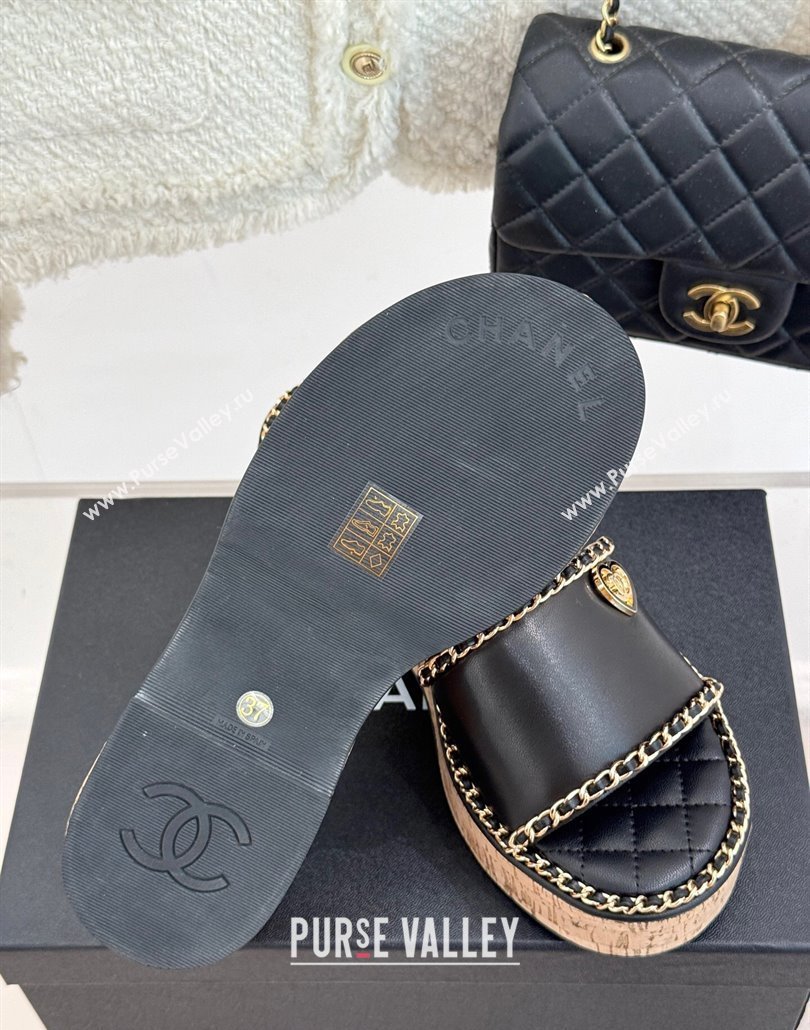 Chanel Calfskin Wedge Slides Sandal with Chain and Heart Black 2025 CH030402 (MD-250304015)