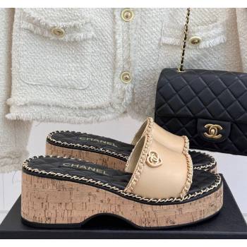 Chanel Calfskin Wedge Slides Sandal with Chain and Heart Beige 2025 CH030402 (MD-250304016)