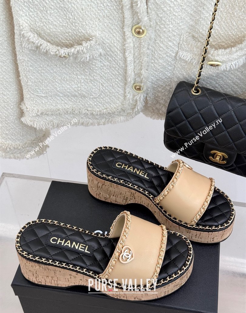 Chanel Calfskin Wedge Slides Sandal with Chain and Heart Beige 2025 CH030402 (MD-250304016)